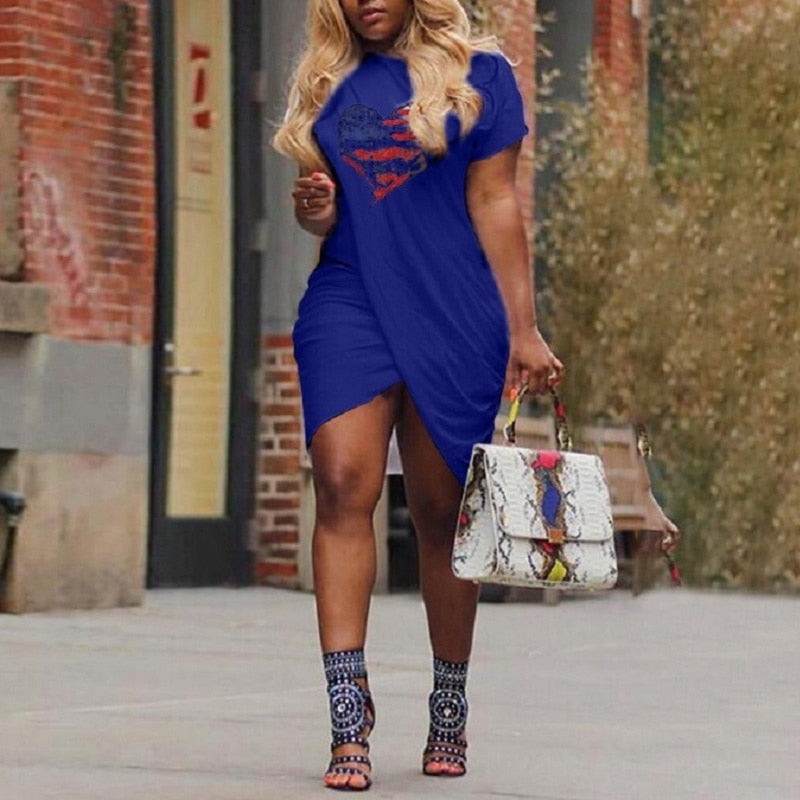 Umeko T Shirt Dress Short Sleeve Bodycon Asymmetrical Heart Printed Mini Dress Sexy High Waist Plus Size 5xl Jurken Vestidos