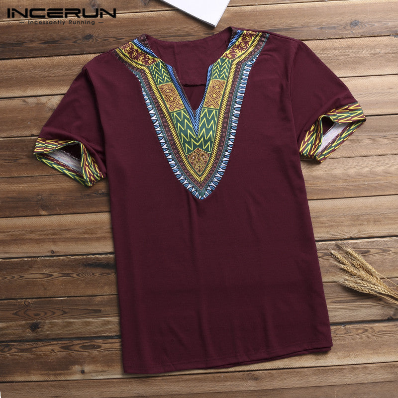 INCERUN Fashion Men Dashiki T Shirt V Neck Print Tops African Ethnic Short Sleeve Brand T-shirts Men African Clothes 2020 S-5XL
