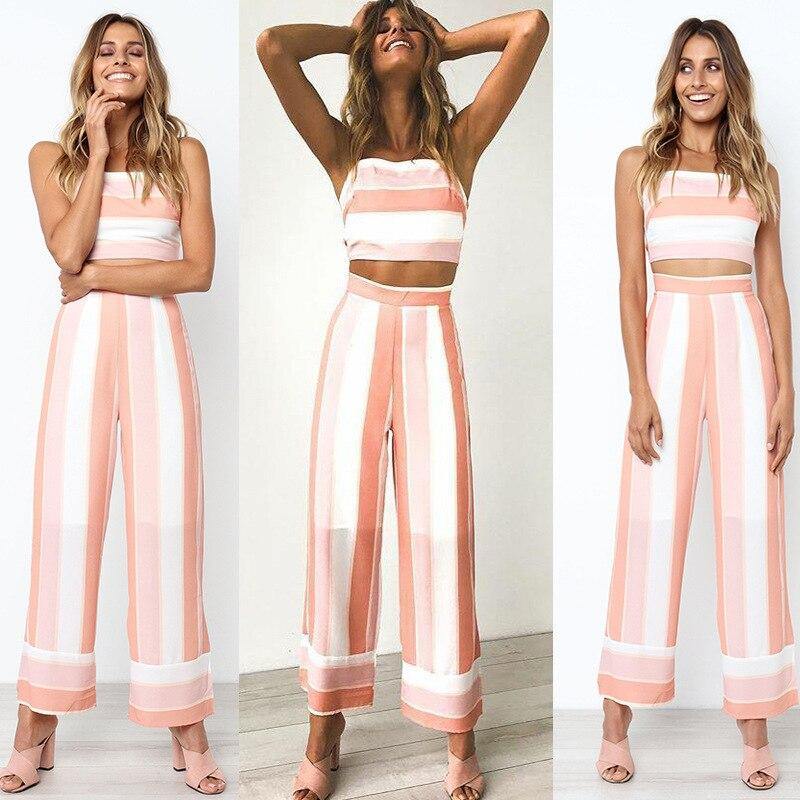 Women striped camis strapless crop top women tops loose pants 2 piece set for female women summer two pieces sets women's suits - Surprise store