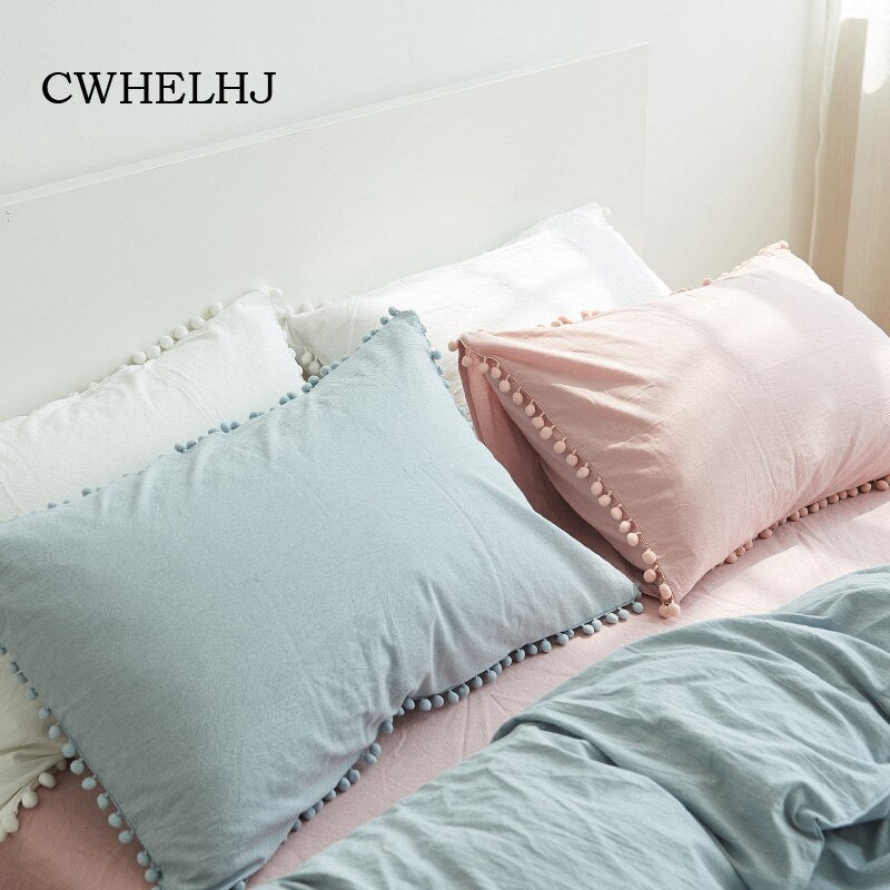 Washed Cotton Single Pillowcase White/Pink Bedroom Decorative Cute Ball Side Pillow Cases Girls Room Pillow Cover