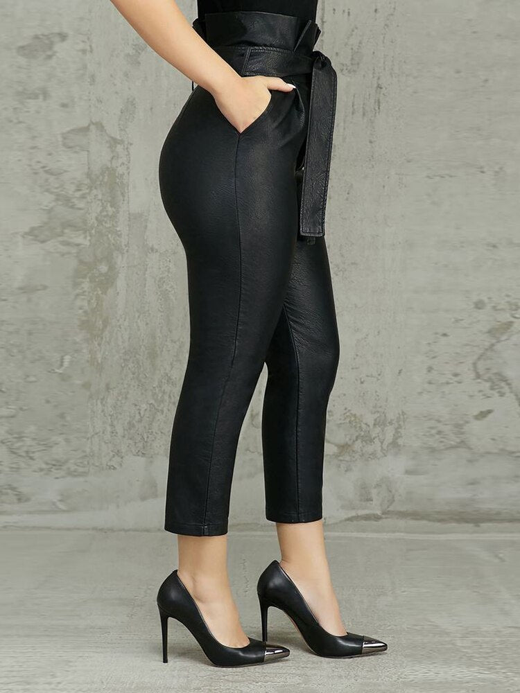Women's Fashion Plus Size 2XL Casual Pocket Design Skinny Ankle-Length Pants OL Frills High Waist Belted PU Pencil Pants