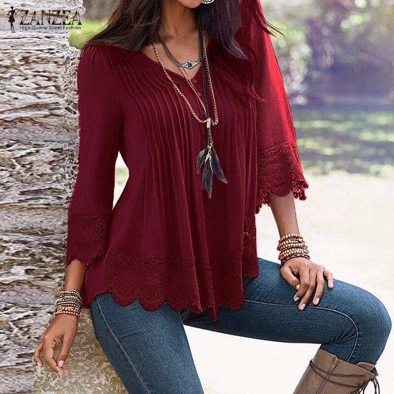 ZANZEA Women 2019 Autumn Elegant Lace Blouses Shirts Sexy V Neck Casual 3/4 Sleeve Asymmetrical Solid Blusas Tops Oversized - Surprise store