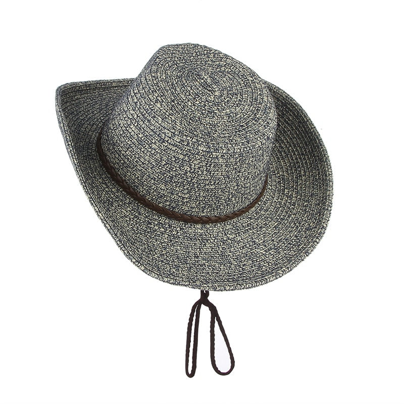GEMVIE Western Cowboy Sun Hat Wind Lanyard For Men Women Wide Brim Straw Hat Beach Cap Panama Fishing Fisherman Cap Summer Hats