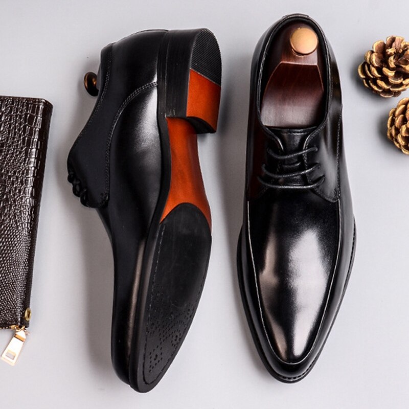 Classic Man Formal Dress Derby Office Shoes Genuine Leather Handmade Wedding Party Flats Pointed Toe Men's Basic Footwear SS367