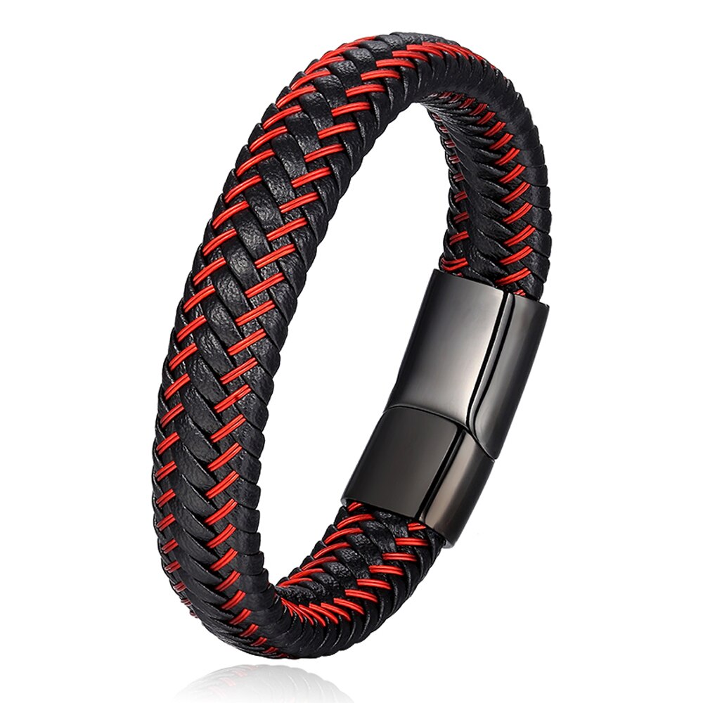 Trendy Men Jewelry Red Braided Leather Rope Bracelet Black Magnetic Buckle Bracelets Punk Men Wrist Band Pulsera Hombre