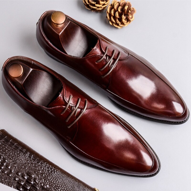 Classic Man Formal Dress Derby Office Shoes Genuine Leather Handmade Wedding Party Flats Pointed Toe Men's Basic Footwear SS367