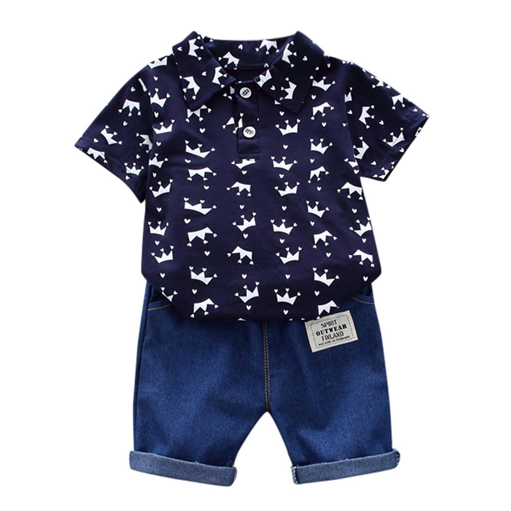 Baby Boy Clothing Sets Summer Toddler Boys Short Sleeve Crown Pattern Shirt Tops+ Denim Pants Kids Clothes Set Newborn Outfits