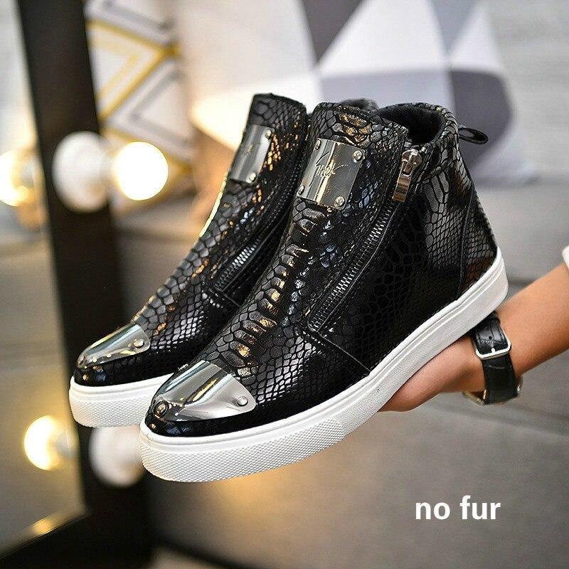 Winter Shoes Men Fashion Bling High Top Zipper Men Sneakers Height Increasing PU Leather Fur Lined Cotton Men Shoes Size 39-44 - Surprise store