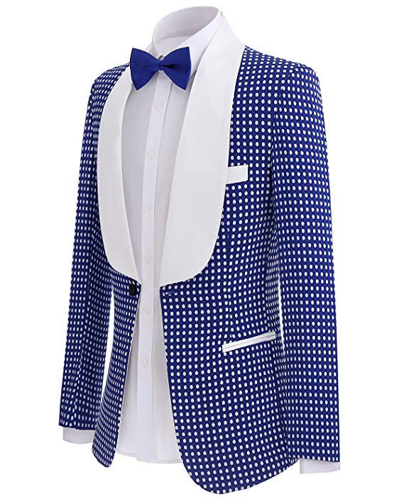 Two Pieces Royal Blue Men's Polka Dots Groomsmen Shawl Lapel Mens Suit For Wedding Bridegroom Tuxedo Prom (Blazer+Pants)