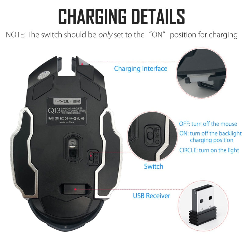 T-WOLF Q13 Rechargeable Wireless Mouse Silent Ergonomic Gaming Mice 6 Keys RGB Backlight 2400 DPI for Laptop Computer Pro Gamer