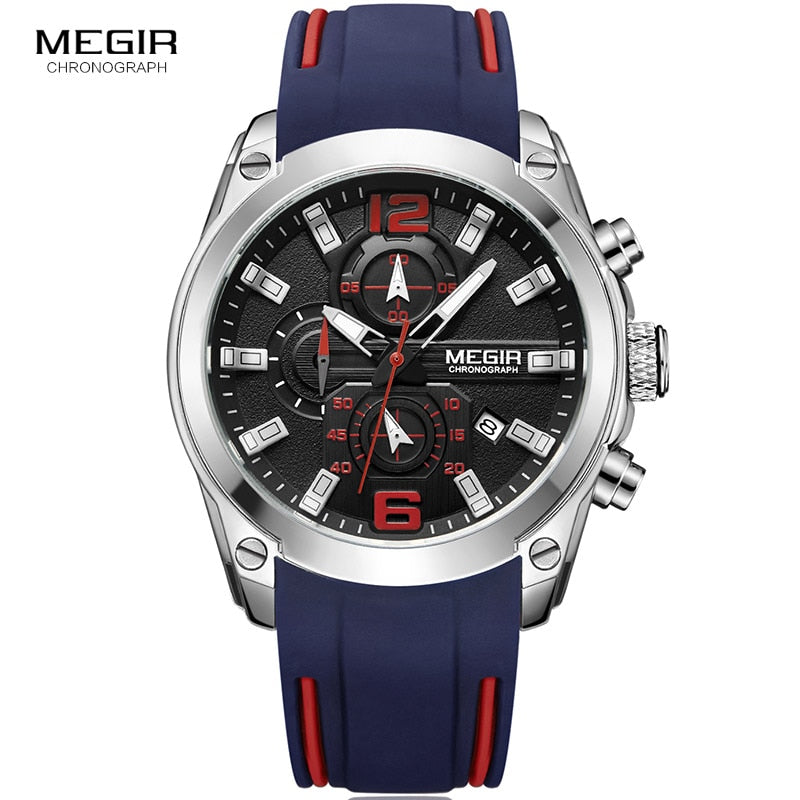 Megir Men's Chronograph Analog Quartz Watch with Date, Luminous Hands, Waterproof Silicone Rubber Strap Wristswatch for Man