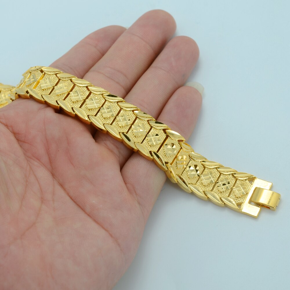 Anniyo 21.5CM,Men Bracelet Gold Color African Wide Bangle for Women,GP Hand Chain Jewelry Ethiopian Arab #002207