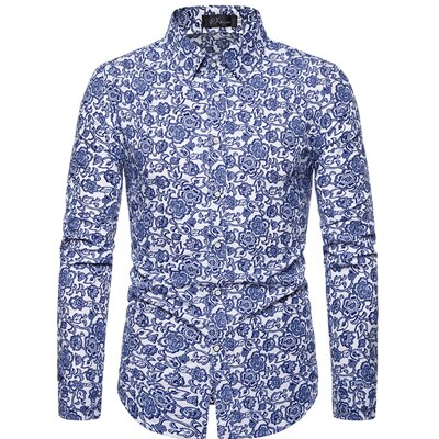 VISADA JAUNA Hawaii Men 's Casual Shirt Floral Printed Slim Fit Long-Sleeved Shirts Male Fashion Formal Big Size 5XL