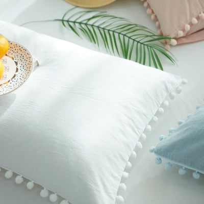 Washed Cotton Single Pillowcase White/Pink Bedroom Decorative Cute Ball Side Pillow Cases Girls Room Pillow Cover