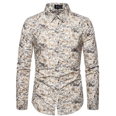 VISADA JAUNA Hawaii Men 's Casual Shirt Floral Printed Slim Fit Long-Sleeved Shirts Male Fashion Formal Big Size 5XL