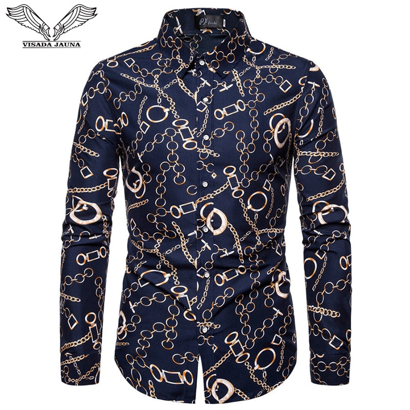 VISADA JAUNA Hawaii Men 's Casual Shirt Floral Printed Slim Fit Long-Sleeved Shirts Male Fashion Formal Big Size 5XL