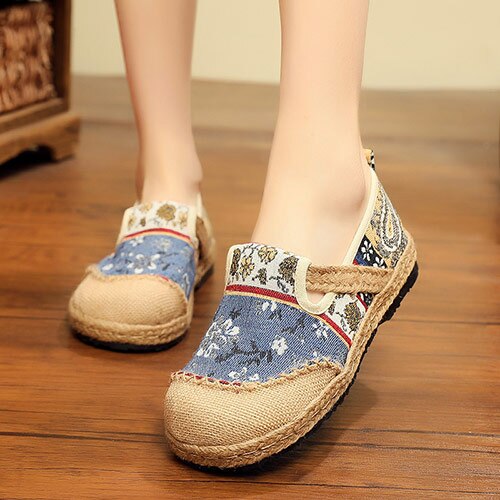 Veowalk Handmade Women Linen Cotton Slip-on Loafers Espadrilles Bohemian Embroidered Ladies Casual Flat Platform Sneakers Shoes