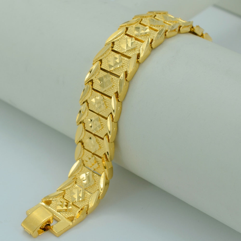 Anniyo 21.5CM,Men Bracelet Gold Color African Wide Bangle for Women,GP Hand Chain Jewelry Ethiopian Arab #002207