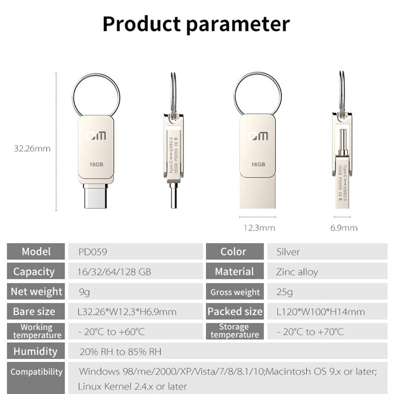 DM PD059 USB Flash Drive 3.0 USB C OTG Pen drive 128 64 32GB
