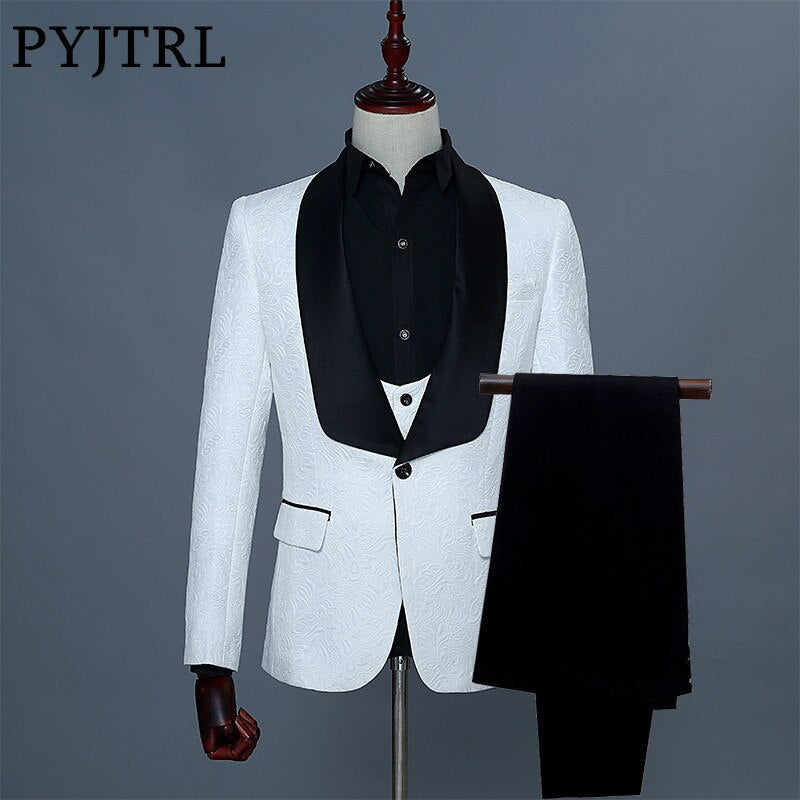 PYJTRL Brand Three Piece Wedding Fashion Brazer Suit Slim Fit Tuxedos For Men Shawl Lapel White Jacquard Prom Party Wear