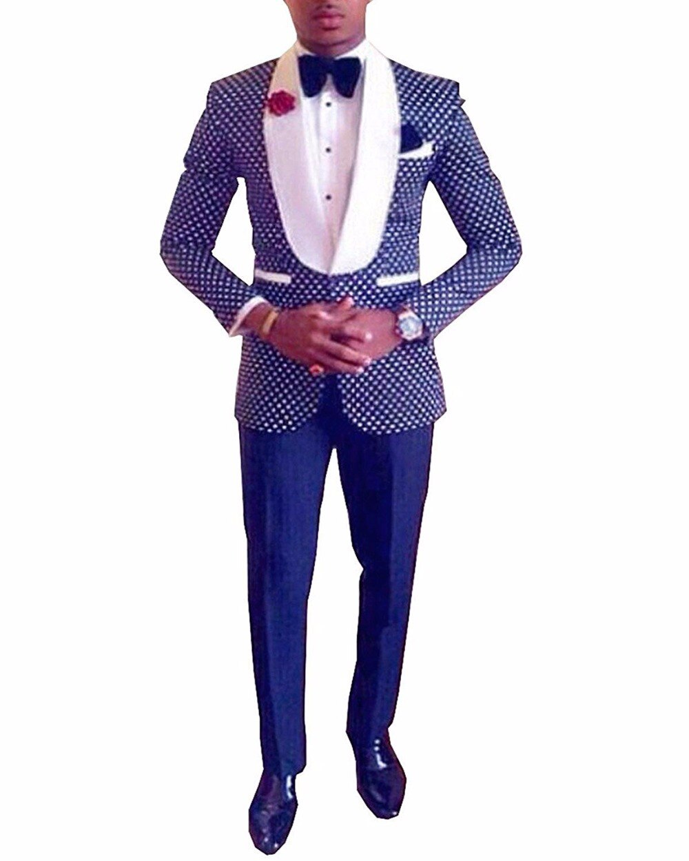 Two Pieces Royal Blue Men's Polka Dots Groomsmen Shawl Lapel Mens Suit For Wedding Bridegroom Tuxedo Prom (Blazer+Pants)