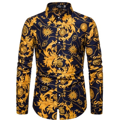 VISADA JAUNA Hawaii Men 's Casual Shirt Floral Printed Slim Fit Long-Sleeved Shirts Male Fashion Formal Big Size 5XL