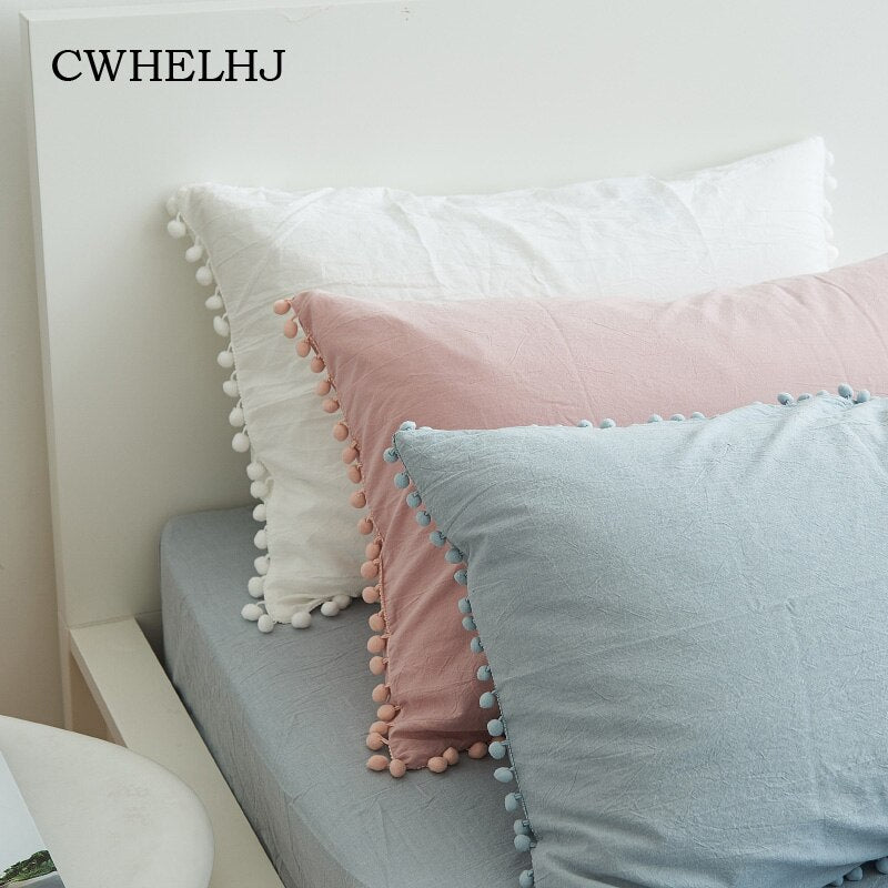 Washed Cotton Single Pillowcase White/Pink Bedroom Decorative Cute Ball Side Pillow Cases Girls Room Pillow Cover