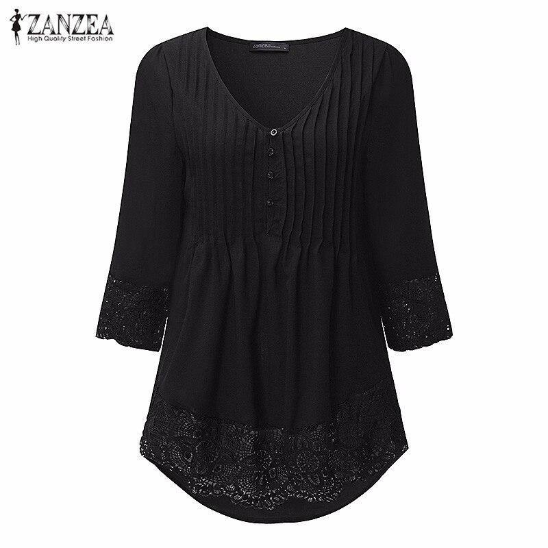 ZANZEA Women 2019 Autumn Elegant Lace Blouses Shirts Sexy V Neck Casual 3/4 Sleeve Asymmetrical Solid Blusas Tops Oversized - Surprise store