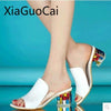 Crystal Women Summer High Heels Slippers Rhinestones Large Size Women Square Heels Slippers Fashion Women's Slides