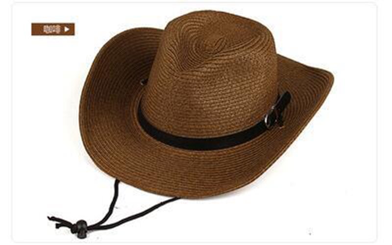 Men Summer Cowboy Knit Straw Hat Fashion Big Wide Brim Casual Beach Sun Sunscreen Block UV Protection Leather Belt Buckle Cap W1