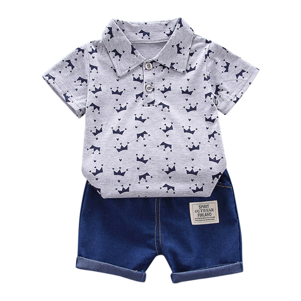 Baby Boy Clothing Sets Summer Toddler Boys Short Sleeve Crown Pattern Shirt Tops+ Denim Pants Kids Clothes Set Newborn Outfits