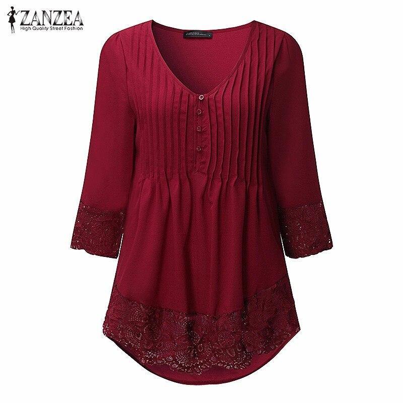 ZANZEA Women 2019 Autumn Elegant Lace Blouses Shirts Sexy V Neck Casual 3/4 Sleeve Asymmetrical Solid Blusas Tops Oversized - Surprise store