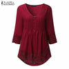 ZANZEA Women 2019 Autumn Elegant Lace Blouses Shirts Sexy V Neck Casual 3/4 Sleeve Asymmetrical Solid Blusas Tops Oversized - Surprise store