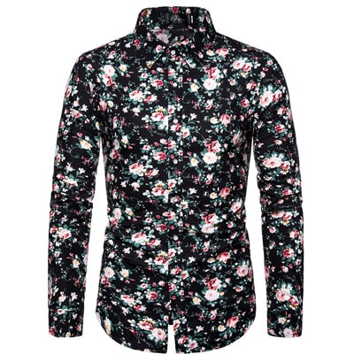 VISADA JAUNA Hawaii Men 's Casual Shirt Floral Printed Slim Fit Long-Sleeved Shirts Male Fashion Formal Big Size 5XL