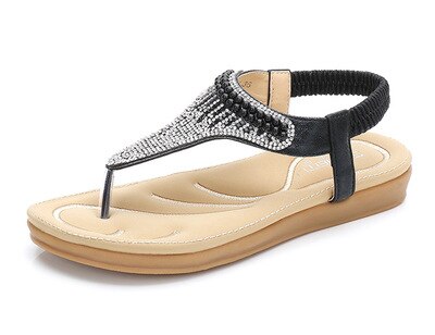 2019 Women`s Summer Bohemia Beach Rhinestone Shoes Diamond Sandals Women T-strap Thong Flip Flops Plus Size Peep Toe Shoes E774