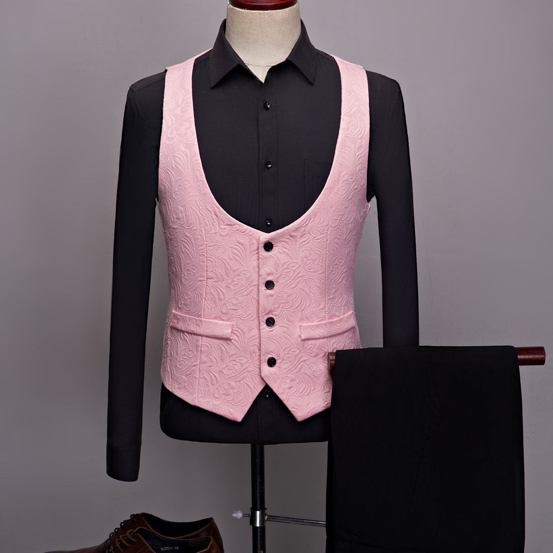 PYJTRL Mens Fashion Big Shawl Lapel 3 Pieces Set Pink Red Blue White Black Wedding Groom Suits Quality Jacquard Banquet Tuxedo