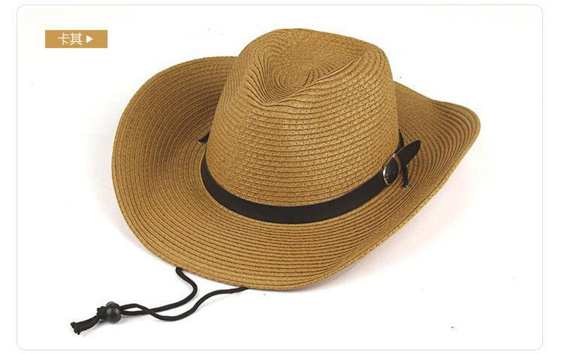 Men Summer Cowboy Knit Straw Hat Fashion Big Wide Brim Casual Beach Sun Sunscreen Block UV Protection Leather Belt Buckle Cap W1
