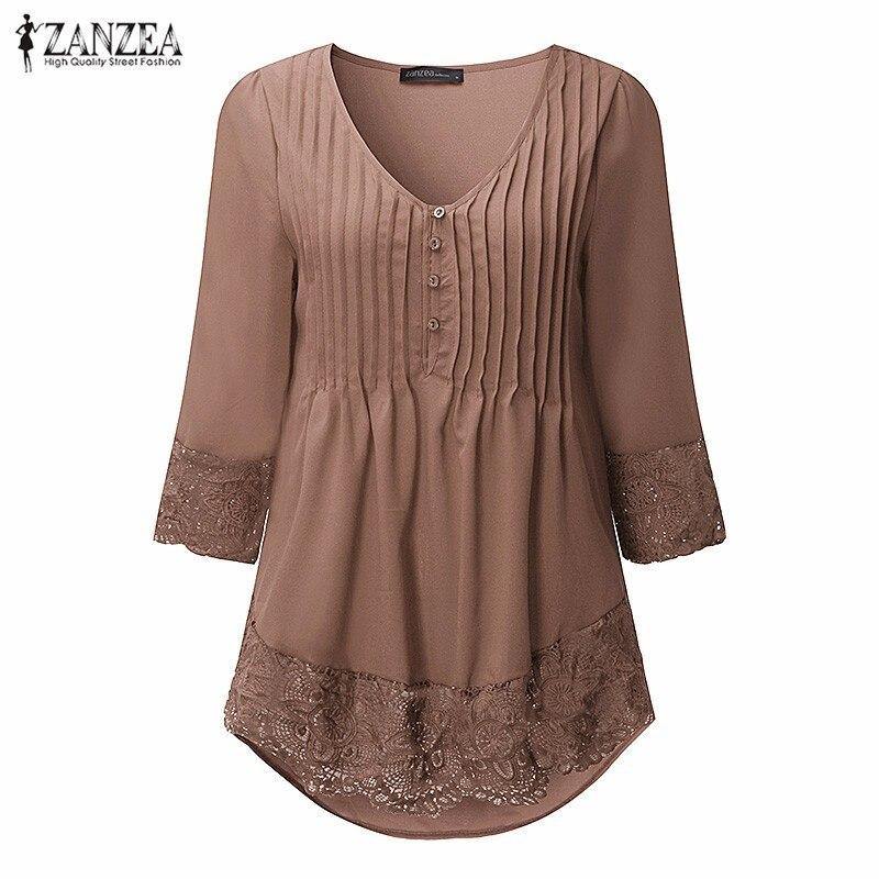 ZANZEA Women 2019 Autumn Elegant Lace Blouses Shirts Sexy V Neck Casual 3/4 Sleeve Asymmetrical Solid Blusas Tops Oversized - Surprise store