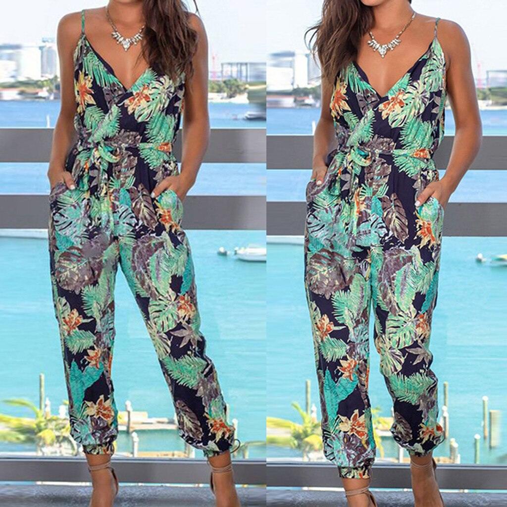 Womail bodysuit Women Summer Sleeveless Print V-Neck Long Jumpsuit Wide Leg Jumpsuit fashion Holiday Vacation Casual 2019 M530 - Surprise store