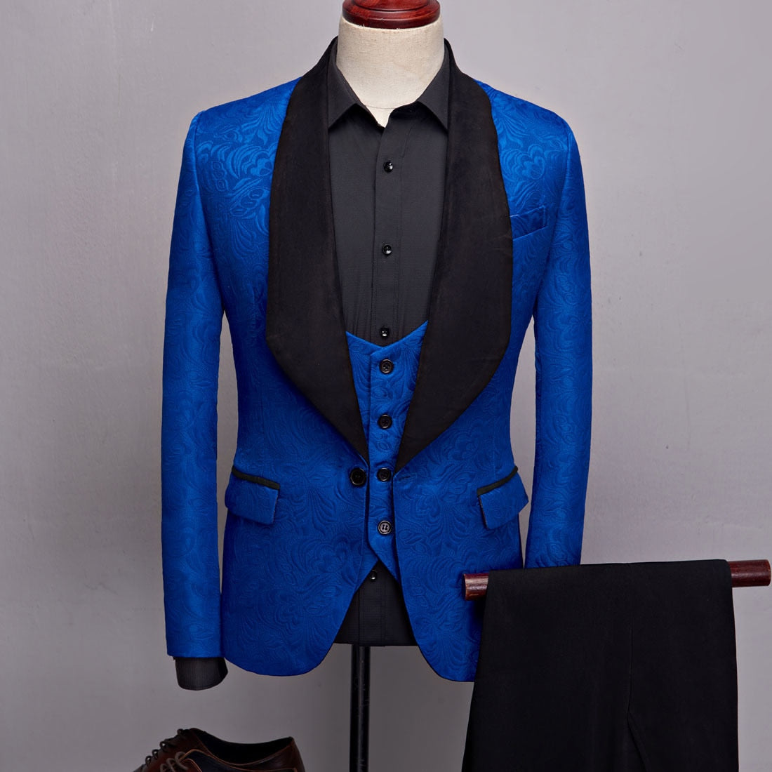 PYJTRL Mens Fashion Big Shawl Lapel 3 Pieces Set Pink Red Blue White Black Wedding Groom Suits Quality Jacquard Banquet Tuxedo