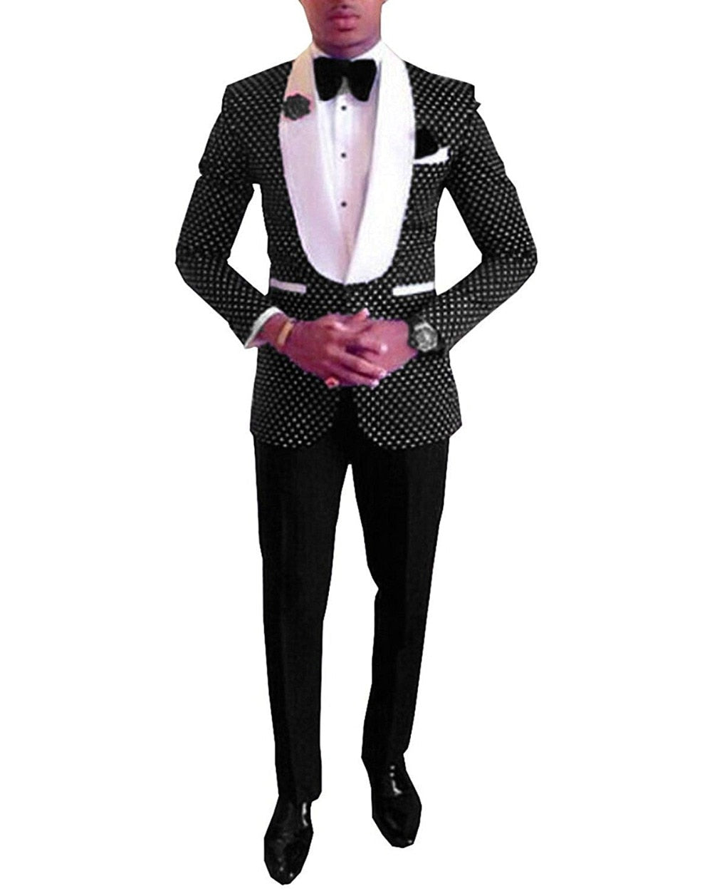 Two Pieces Royal Blue Men's Polka Dots Groomsmen Shawl Lapel Mens Suit For Wedding Bridegroom Tuxedo Prom (Blazer+Pants)