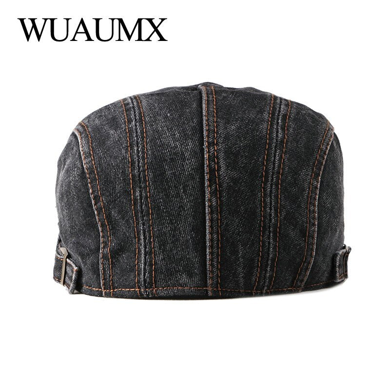 Wuaumx Casual Spring Summer Berets Hat Men Women Denim Newsboy Caps Visors Cotton Cabbie Herringbone Cap Duckbill Ivy Flat Cap