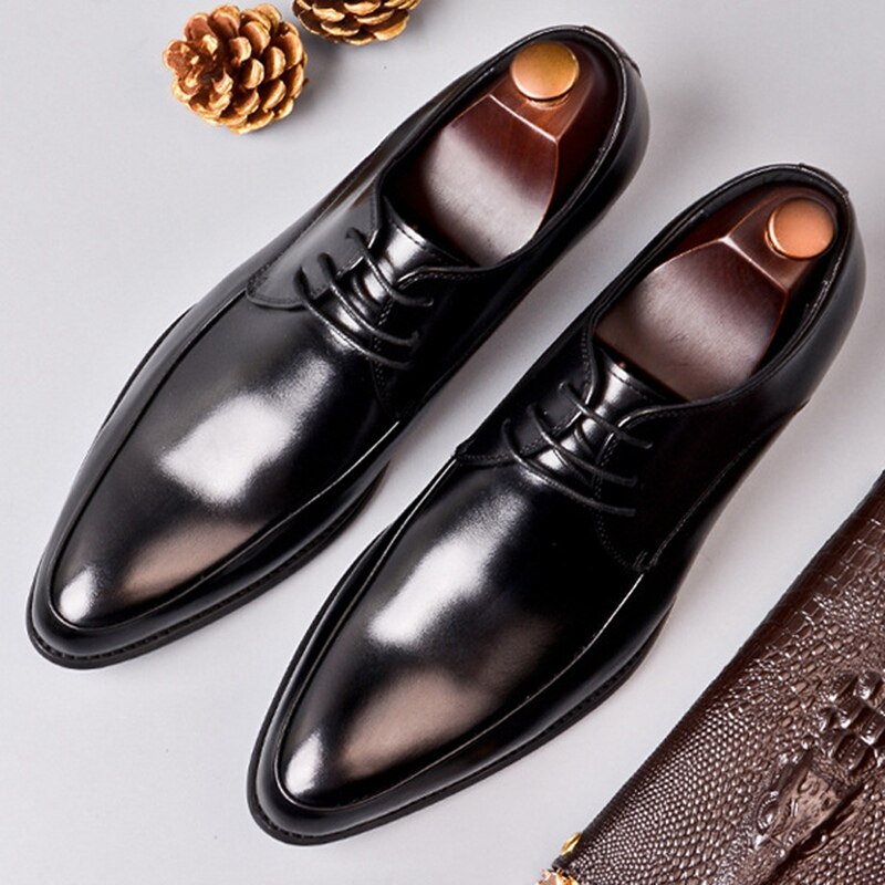 Classic Man Formal Dress Derby Office Shoes Genuine Leather Handmade Wedding Party Flats Pointed Toe Men's Basic Footwear SS367