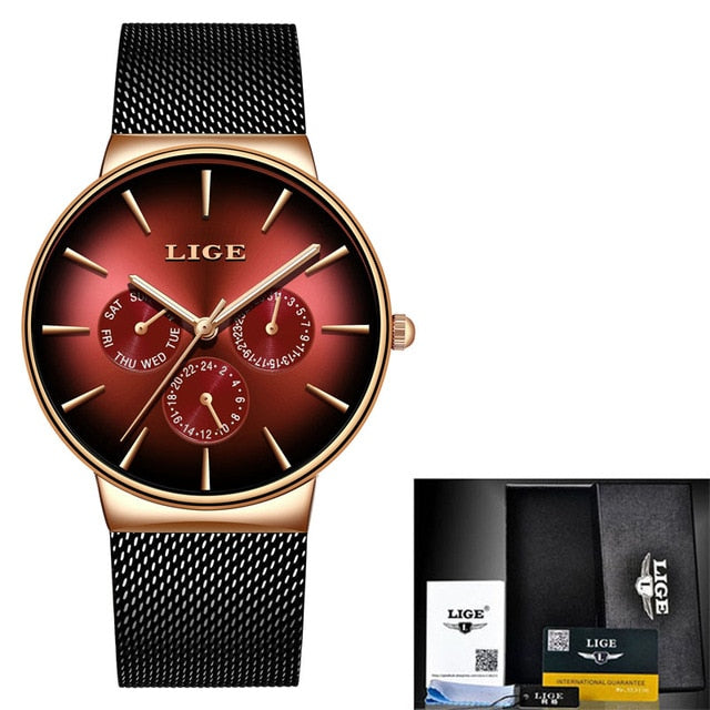 LIGE New Fashion Mens Watches Top Brand Luxury Quartz Watch Men Mesh Steel Waterproof Ultra-thin Wristwatch For Men Sport Clock