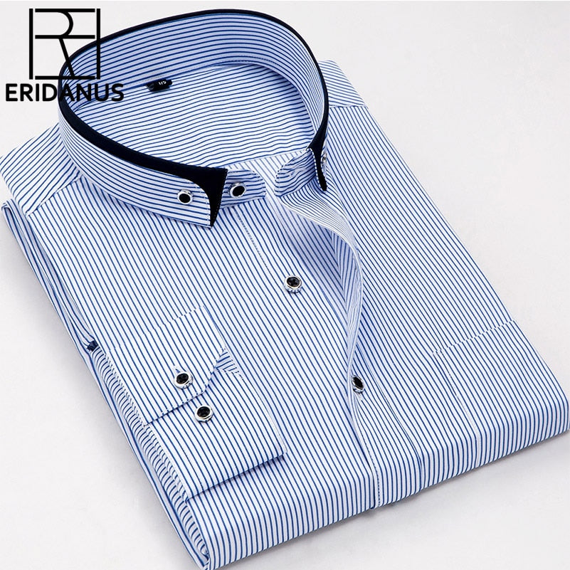 New 2017 Autumn Striped Casual Men Dress Shirts Fashion Designer Small Button down double Collar Cotton Men's Shirt M504