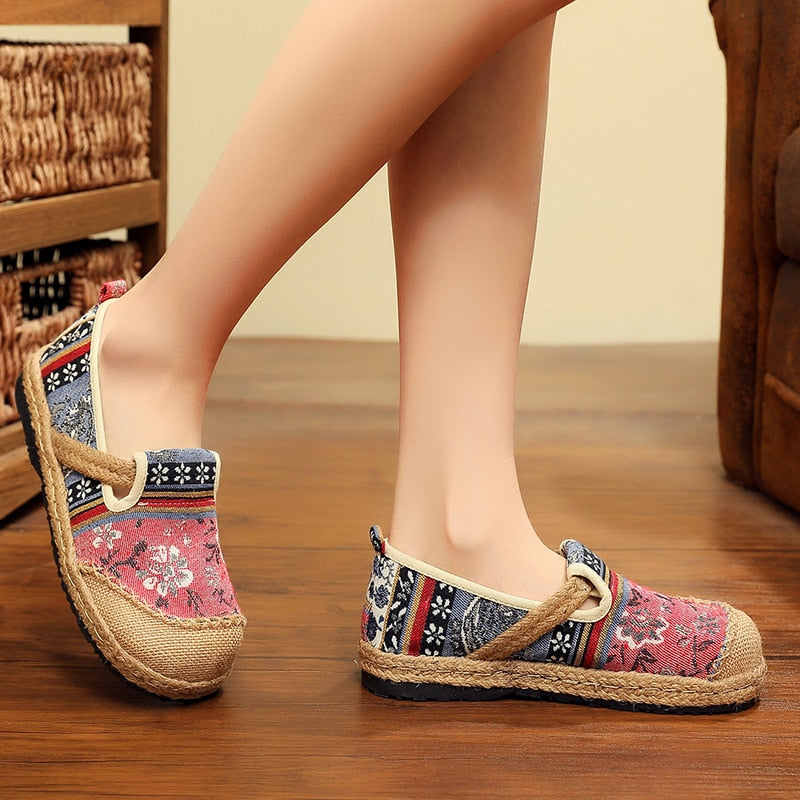Veowalk Handmade Women Linen Cotton Slip-on Loafers Espadrilles Bohemian Embroidered Ladies Casual Flat Platform Sneakers Shoes