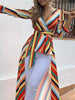 Women Fashion Elegant Office Workwear Asymmetrical Long Blouse Female Casual Top Striped Tied Front Dip Hem Shirt