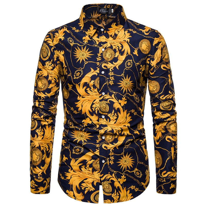 VISADA JAUNA Hawaii Men 's Casual Shirt Floral Printed Slim Fit Long-Sleeved Shirts Male Fashion Formal Big Size 5XL
