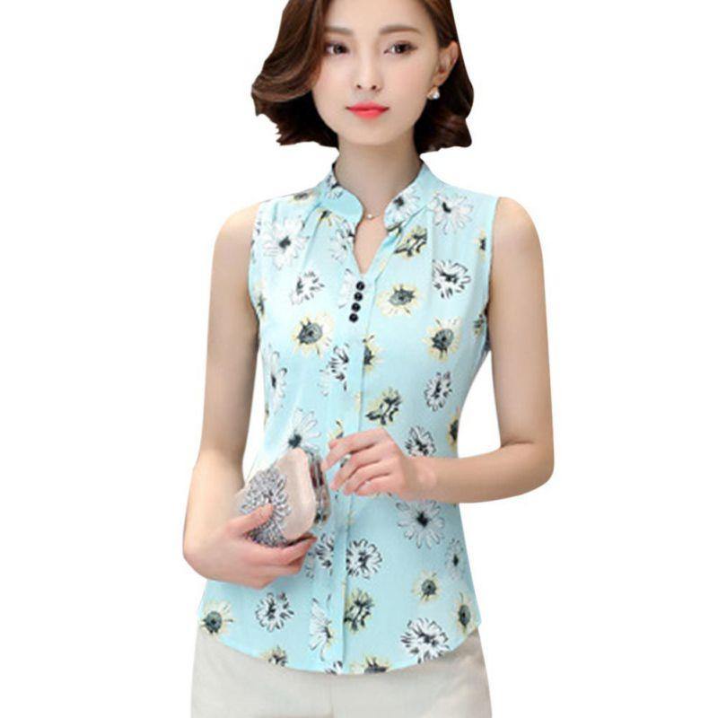 EFINNY Summer Women Tops Casual Sleeveless V-Neck Fashion Women Blouse Shirt Chiffon Print Blouses Ladies Blusas - Surprise store