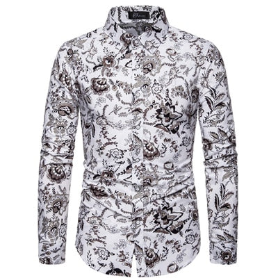 VISADA JAUNA Hawaii Men 's Casual Shirt Floral Printed Slim Fit Long-Sleeved Shirts Male Fashion Formal Big Size 5XL